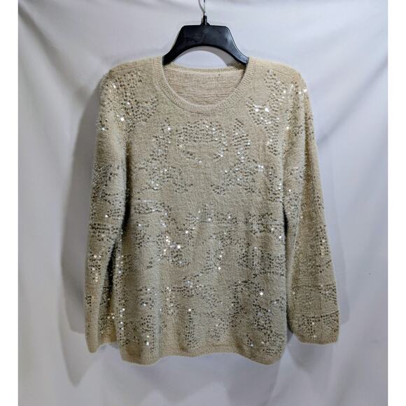 Soft Beige Sequin Knit Sweater Women’s Small Unbranded Cozy Textured Pullover - Picture 4 of 10